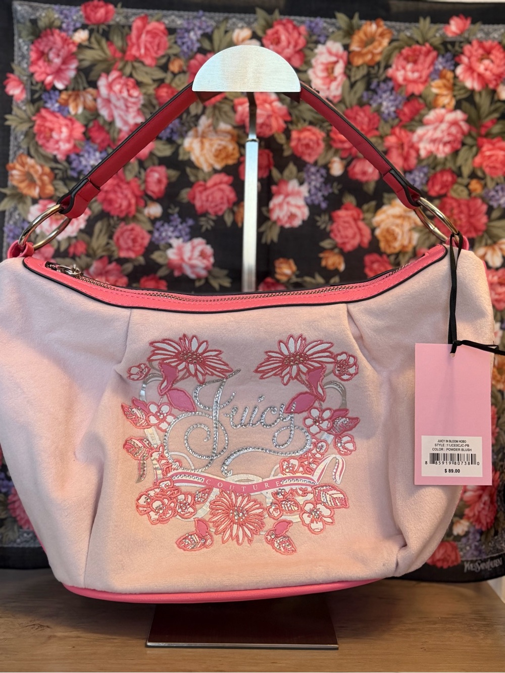 Juicy Couture Pink Floral Embroidered Shoulder Bag